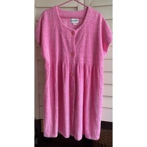 Vintage USA Made Crowntuft Chenille Terry Cloth Pink House Dress L Button Pocket